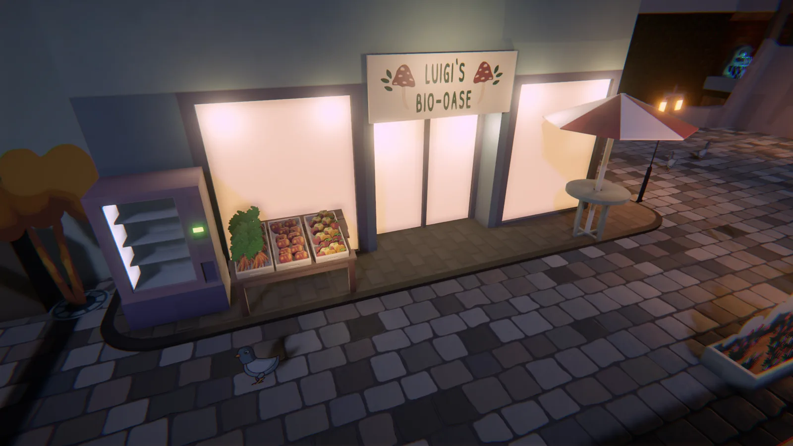 A night-time street scene from Strahlenjäger, with a lit shop front and a stone pavement